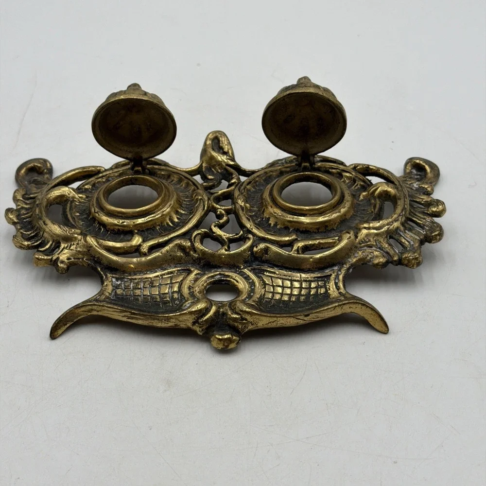Vintage Double Ornate Brass Style Metal Inkwell JAPAN